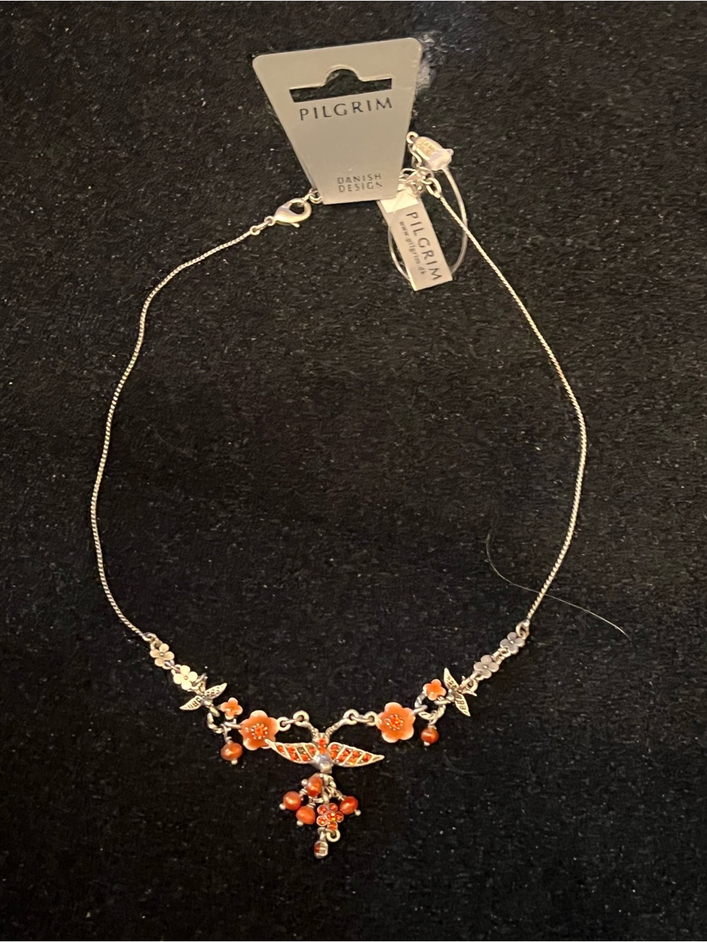 Pilgrim Silver Necklace with Orange Floral and Bird Accents
